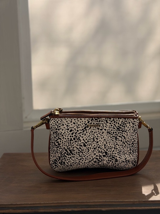 Fossil Handbags - Fossil Black and White Spotted Mini Crossbody with Brown Trim